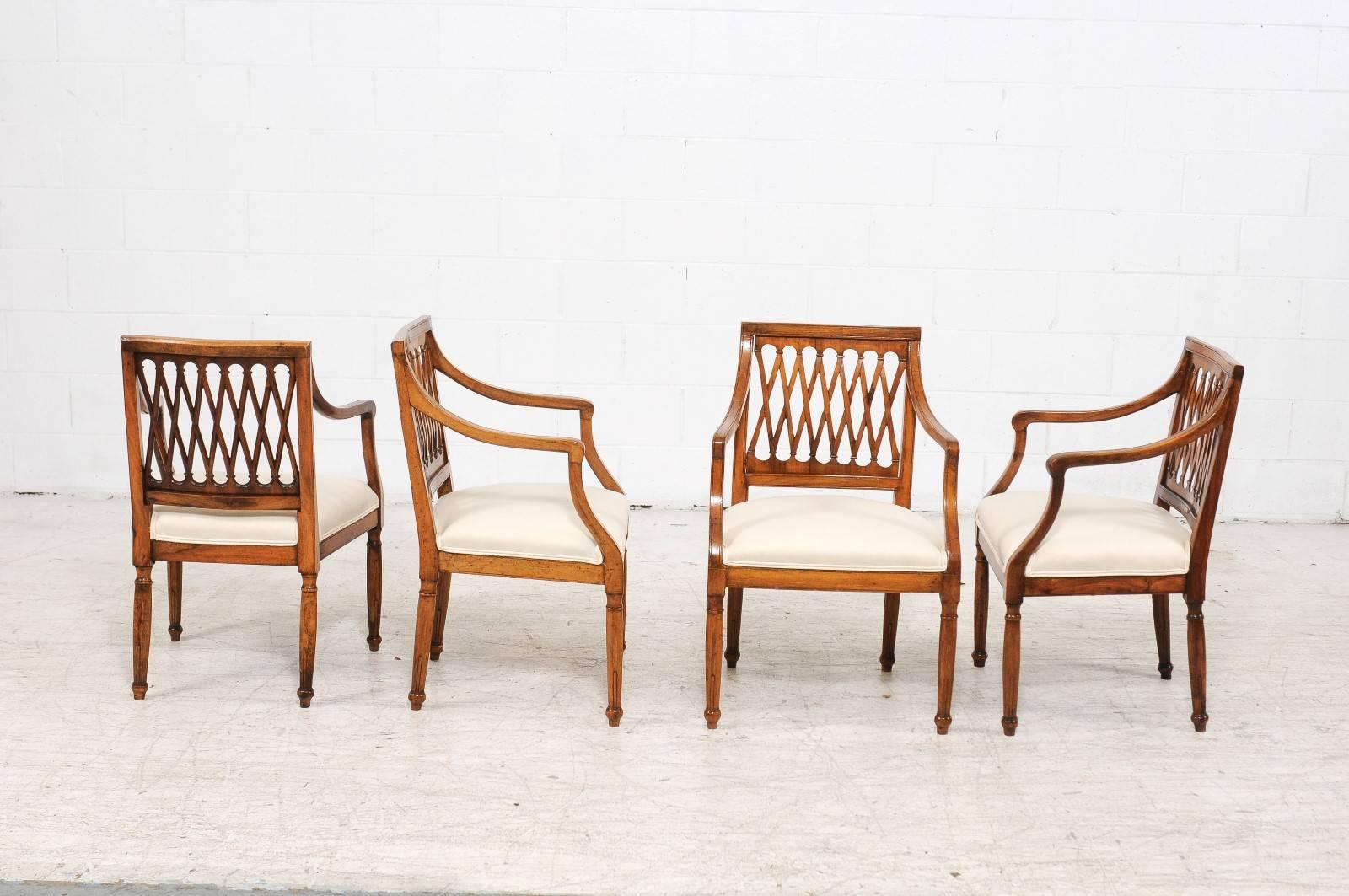 Set of Four Italian Vintage Upholstered Chairs with Latticed Backs, circa 1930 In Good Condition In Atlanta, GA