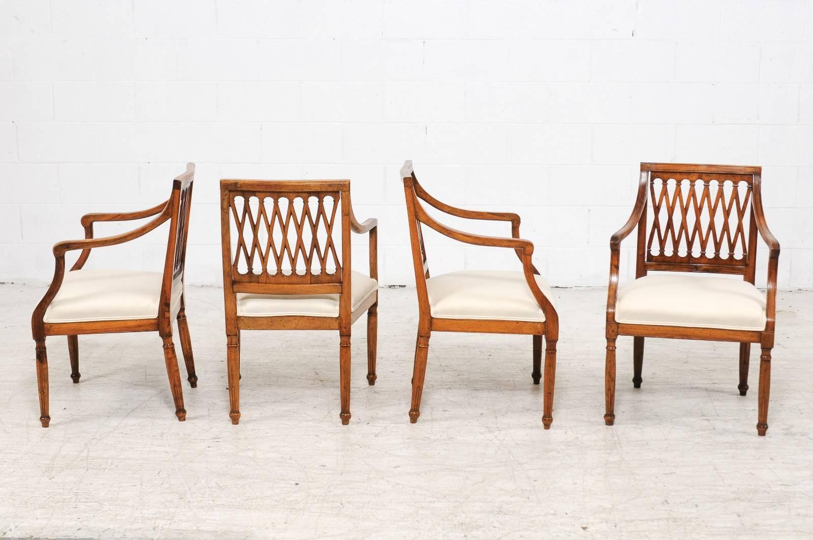 Set of Four Italian Vintage Upholstered Chairs with Latticed Backs, circa 1930 3