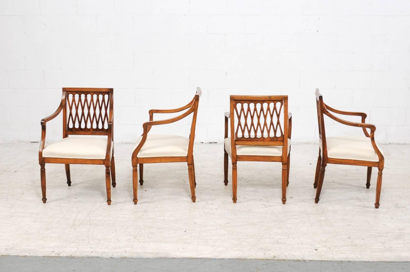 Set of Four Italian Vintage Upholstered Chairs with Latticed Backs, circa 1930 4