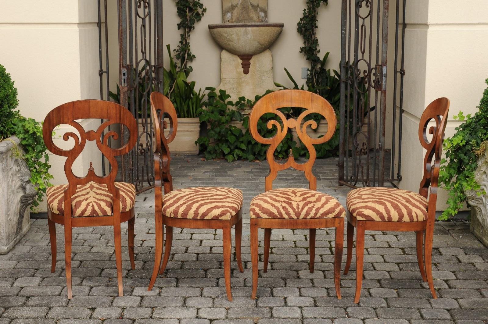 Set of Four Italian Walnut Dining Room Side Chairs with Animal Print Upholstery 4