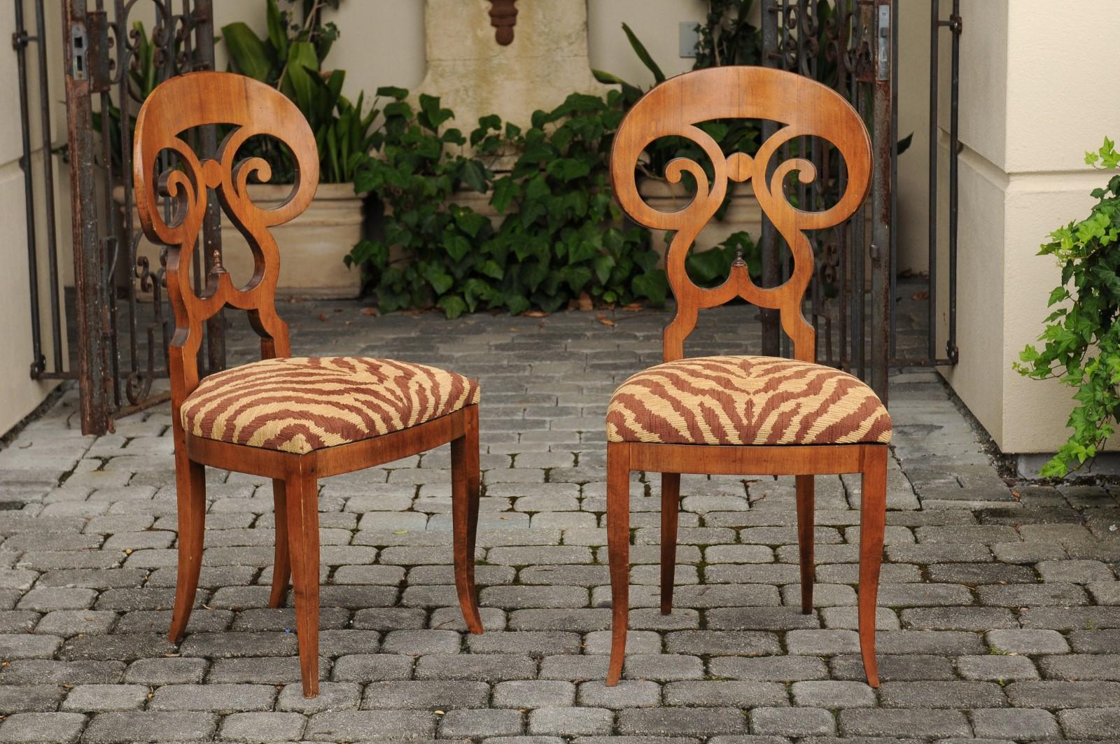 Set of Four Italian Walnut Dining Room Side Chairs with Animal Print Upholstery 5