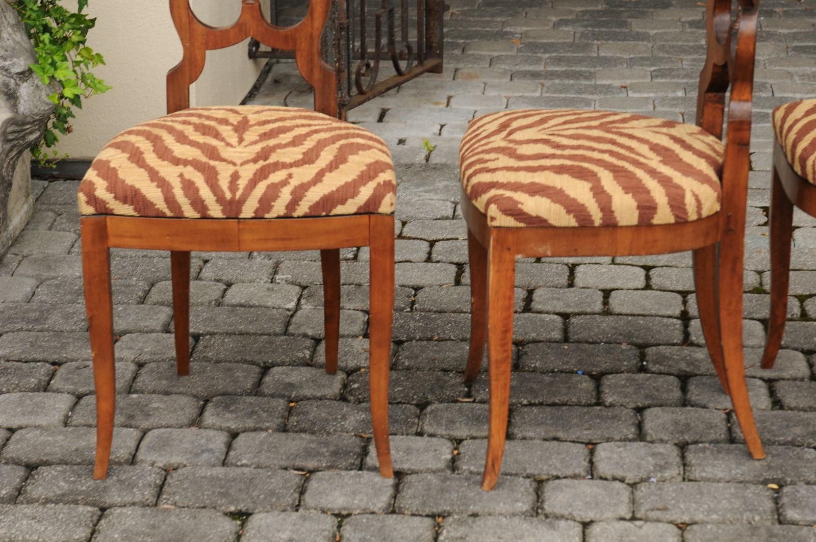 Set of Four Italian Walnut Dining Room Side Chairs with Animal Print Upholstery In Good Condition In Atlanta, GA