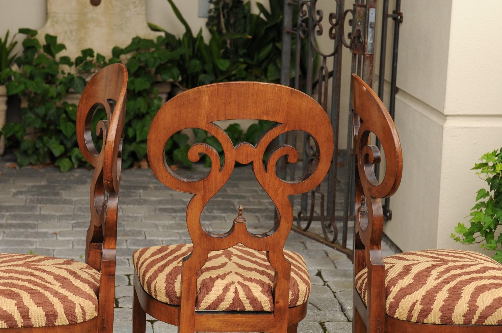20th Century Set of Four Italian Walnut Dining Room Side Chairs with Animal Print Upholstery