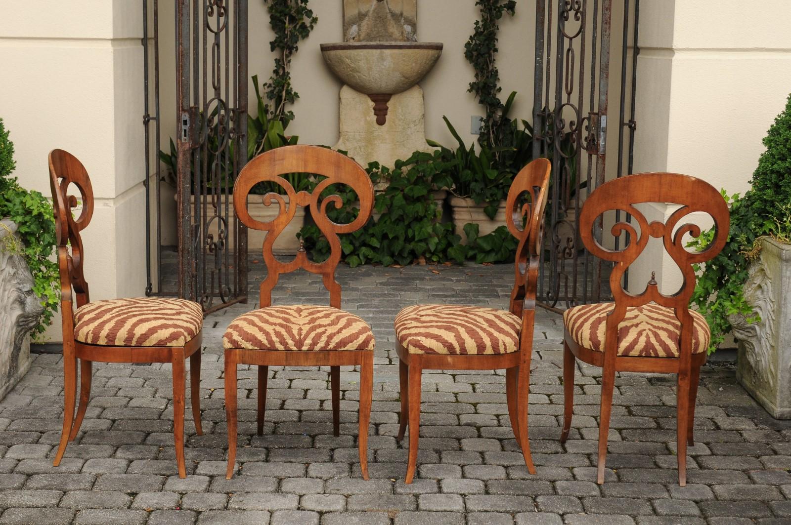 Set of Four Italian Walnut Dining Room Side Chairs with Animal Print Upholstery 2