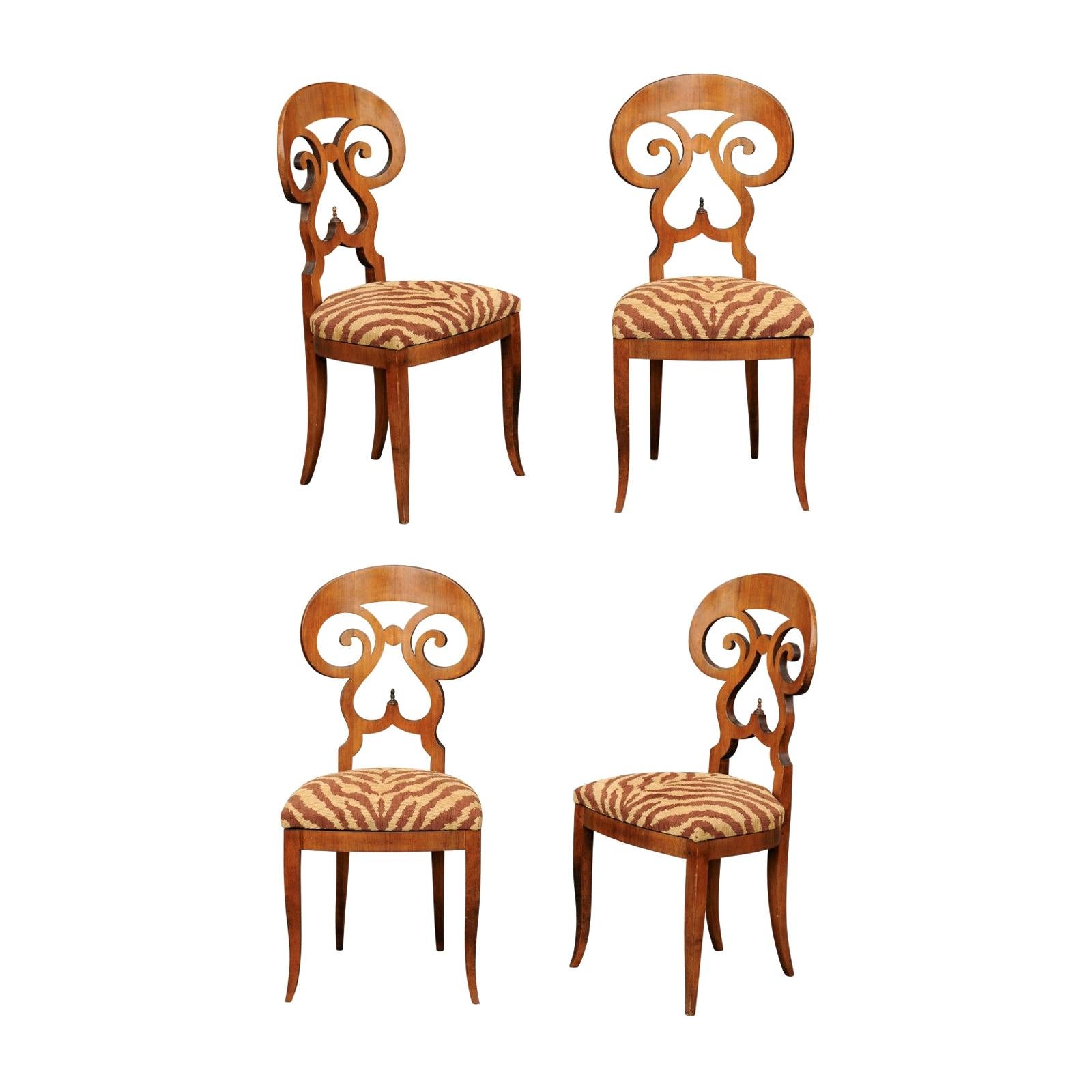 Set of Four Italian Walnut Dining Room Side Chairs with Animal Print Upholstery