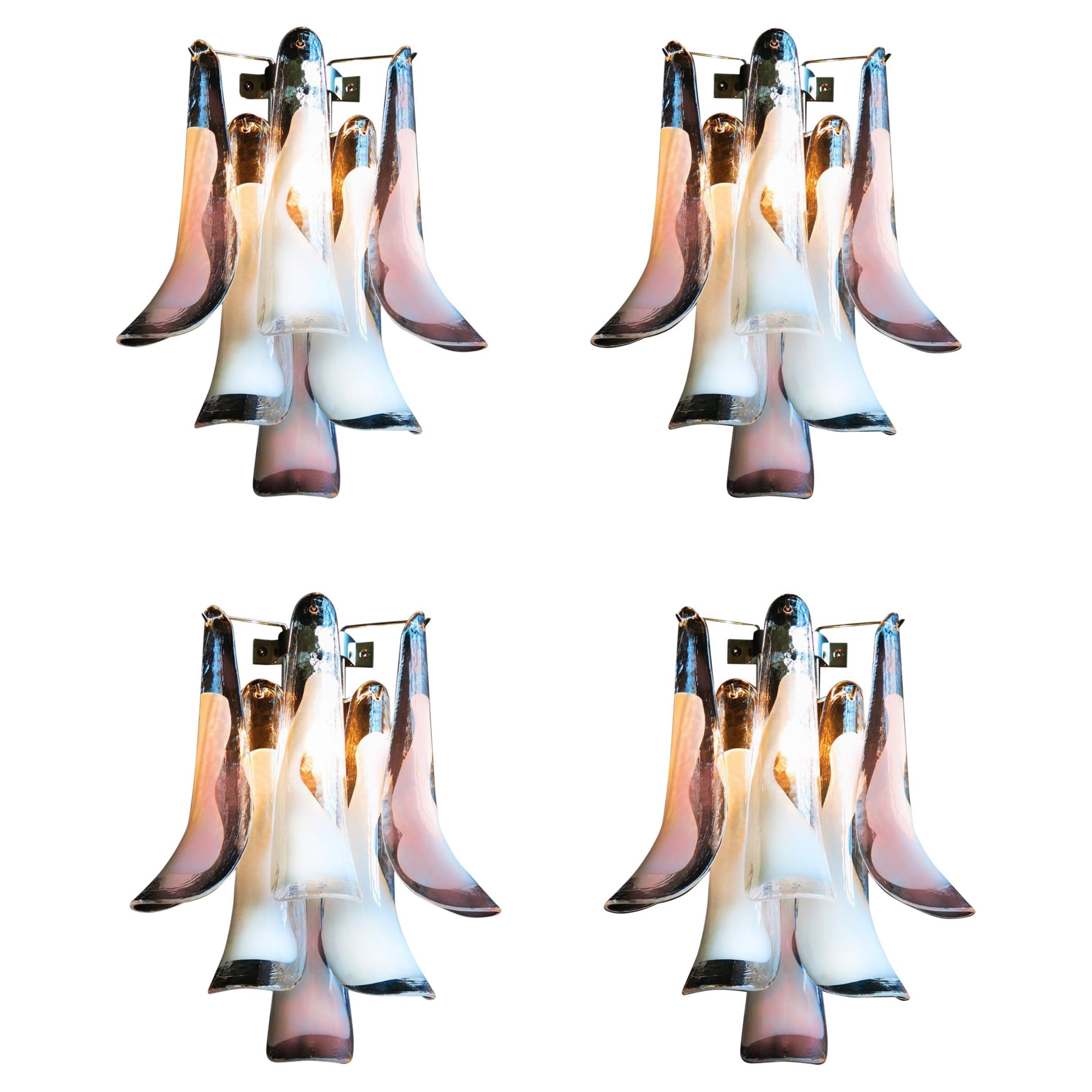 Ensemble de quatre appliques italiennes de Murano à pétales blancs et roses