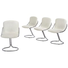 Set of Four Italian White Chrome Cantilever Dining Chairs, 1970