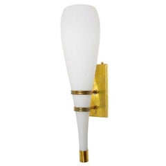 Set of Four Italian White Frosted Murano Glass Torch Sconces & Brass. 1960's.