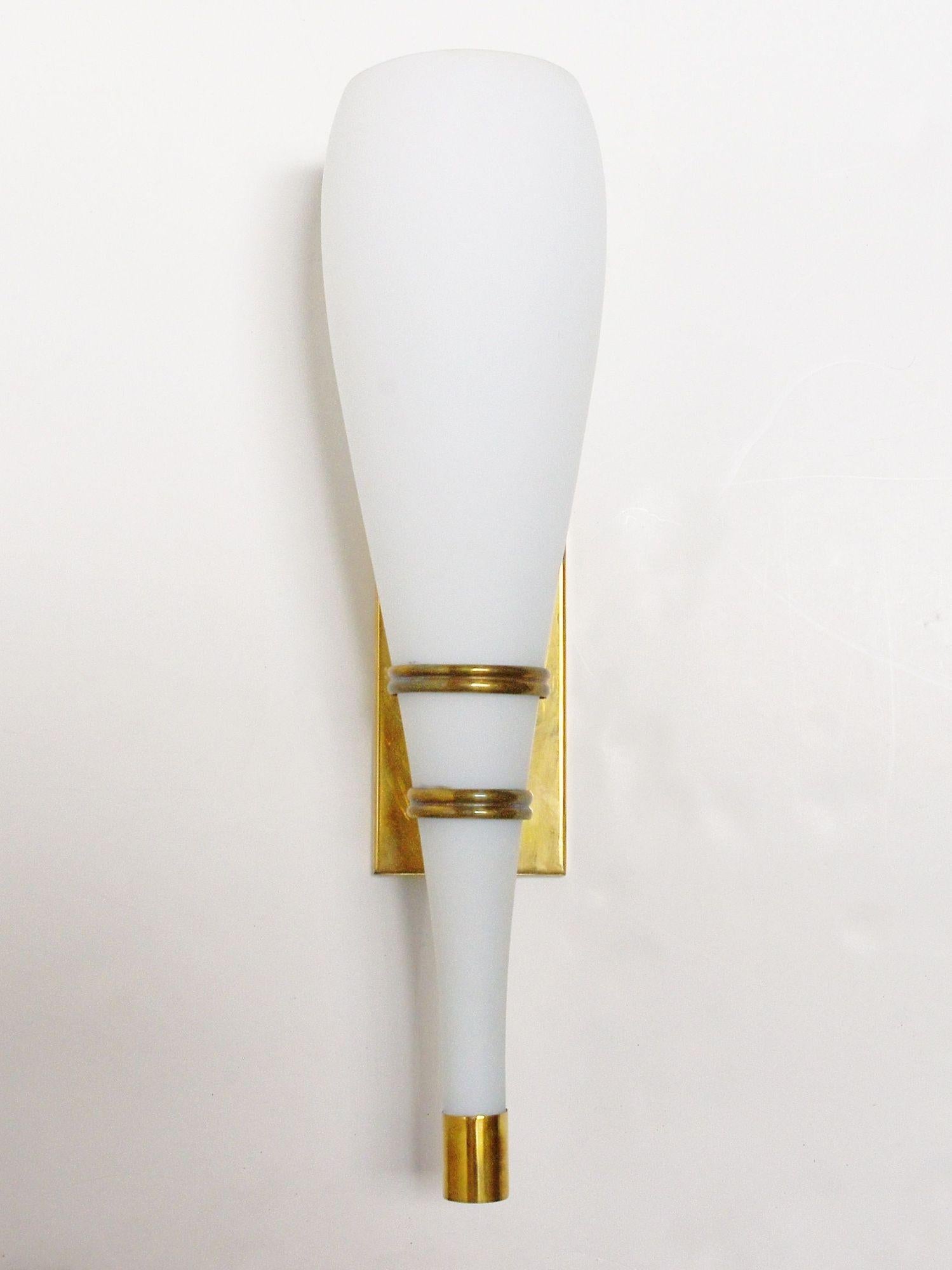 Mid-20th Century Set of Four Italian White Frosted Murano Glass Torch Sconces & Brass. 1960's. For Sale