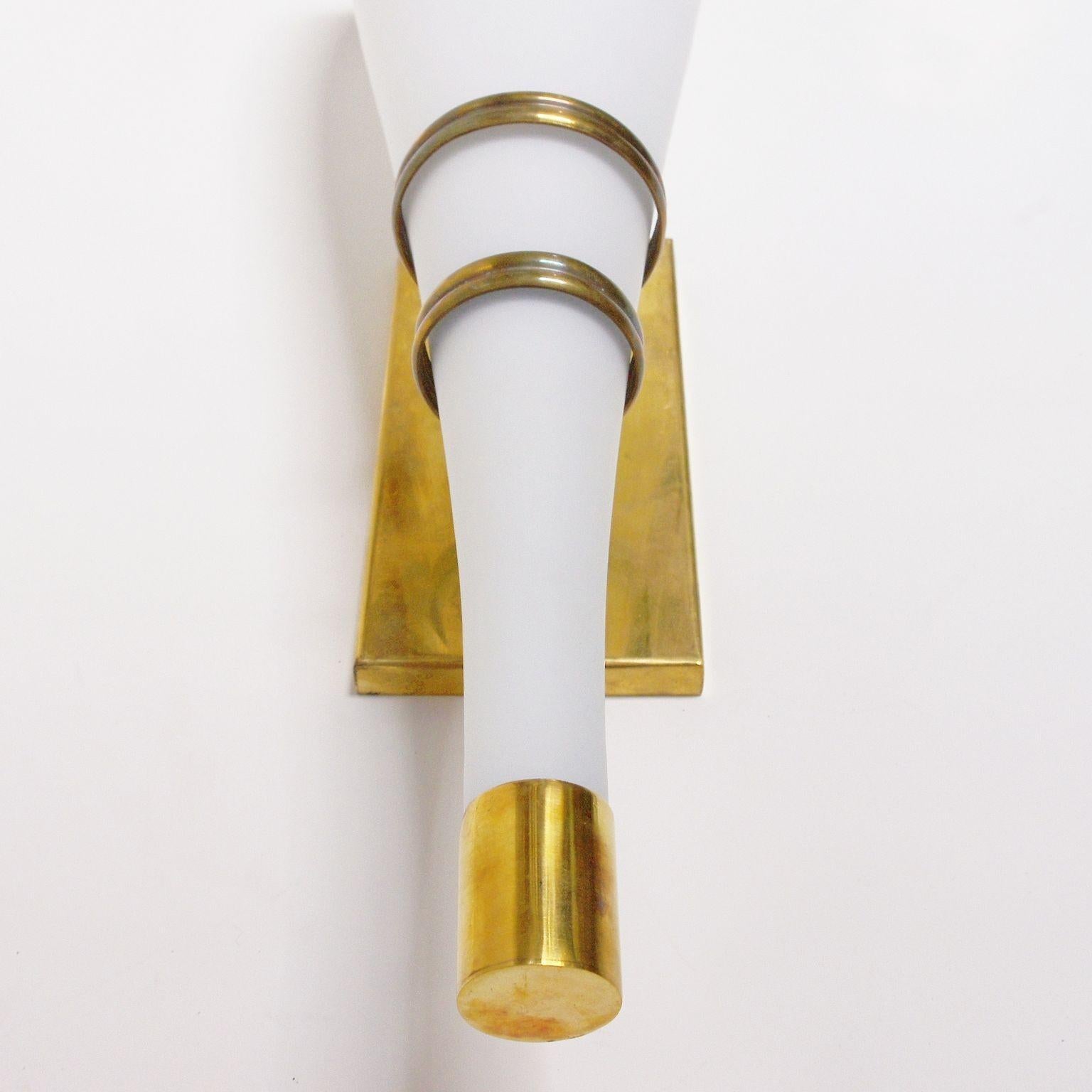 Set of Four Italian White Frosted Murano Glass Torch Sconces & Brass. 1960's. For Sale 1