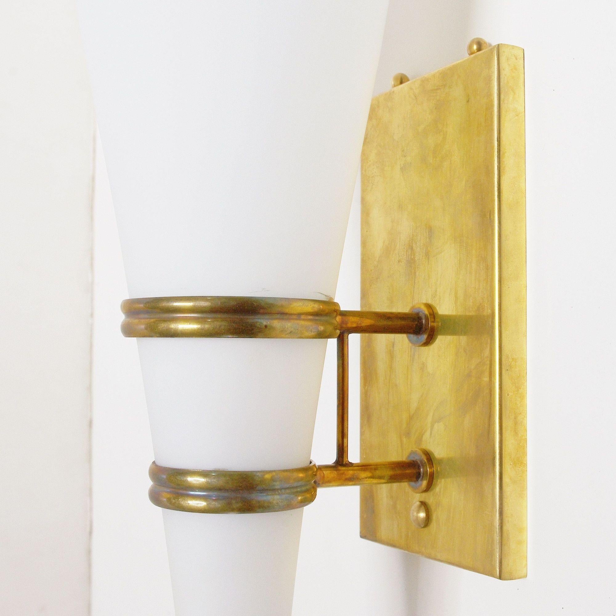 Set of Four Italian White Frosted Murano Glass Torch Sconces & Brass. 1960's. For Sale 2