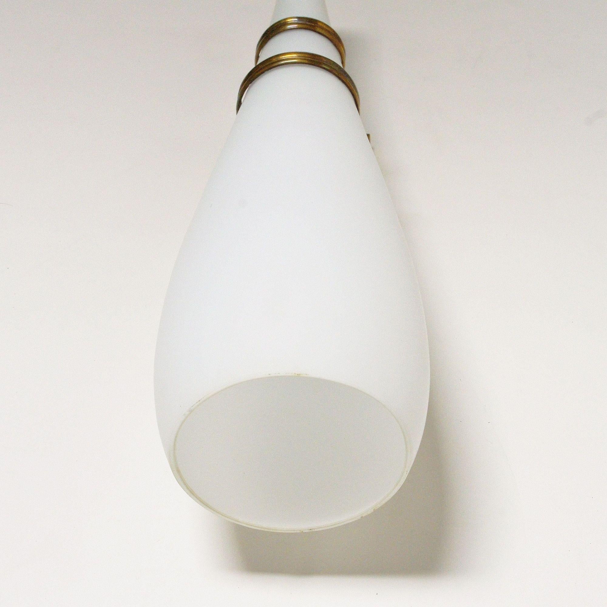 Set of Four Italian White Frosted Murano Glass Torch Sconces & Brass. 1960's. For Sale 3