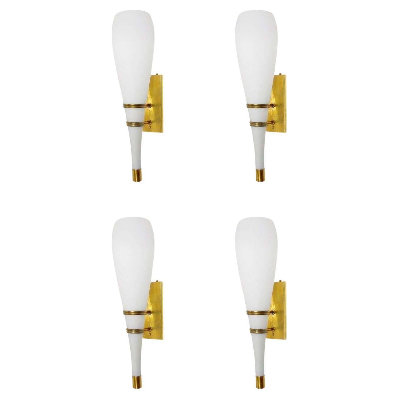 Set of Four Italian White Frosted Murano Glass Torch Sconces & Brass. 1960's.