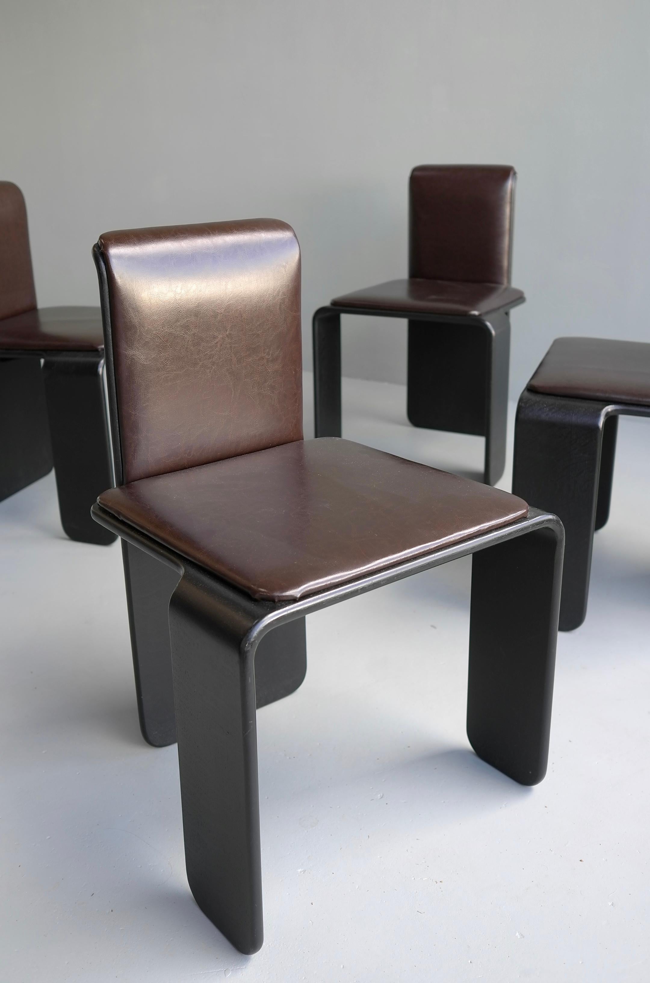 Faux Leather Set of Four Italian Wooden Monk Chairs in Black and Dark Brown, 1970s