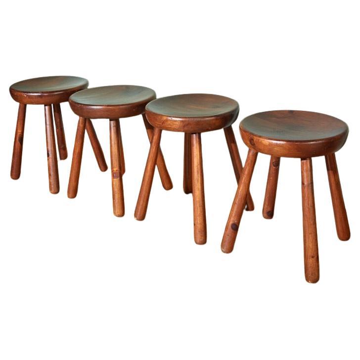Set of Four Italian Wooden Stools, Fir Wood, 1960s