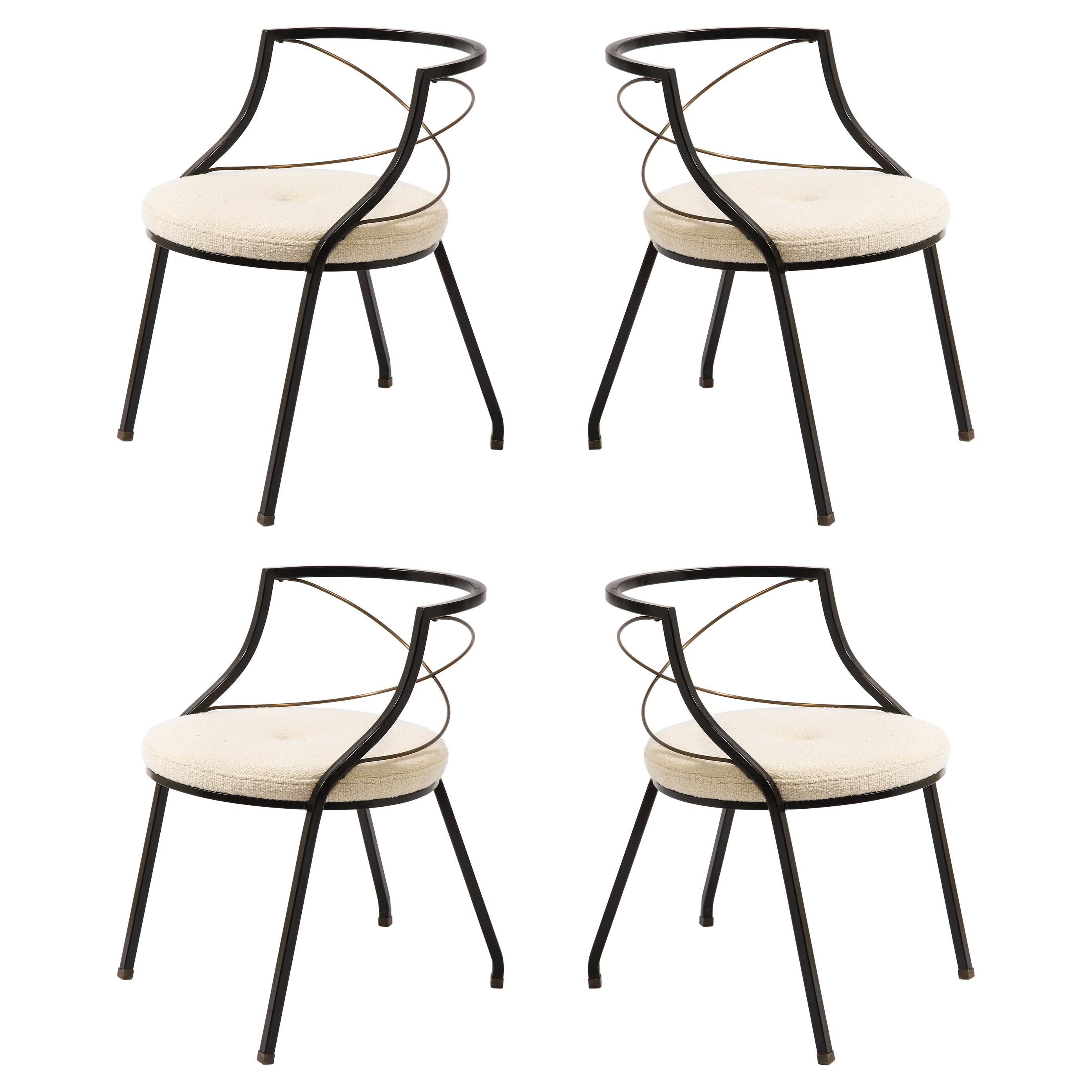 Jansen Satz von vier Sesseln aus Messing und Eisen in weißem Bouclé, Frankreich 1950er Jahre