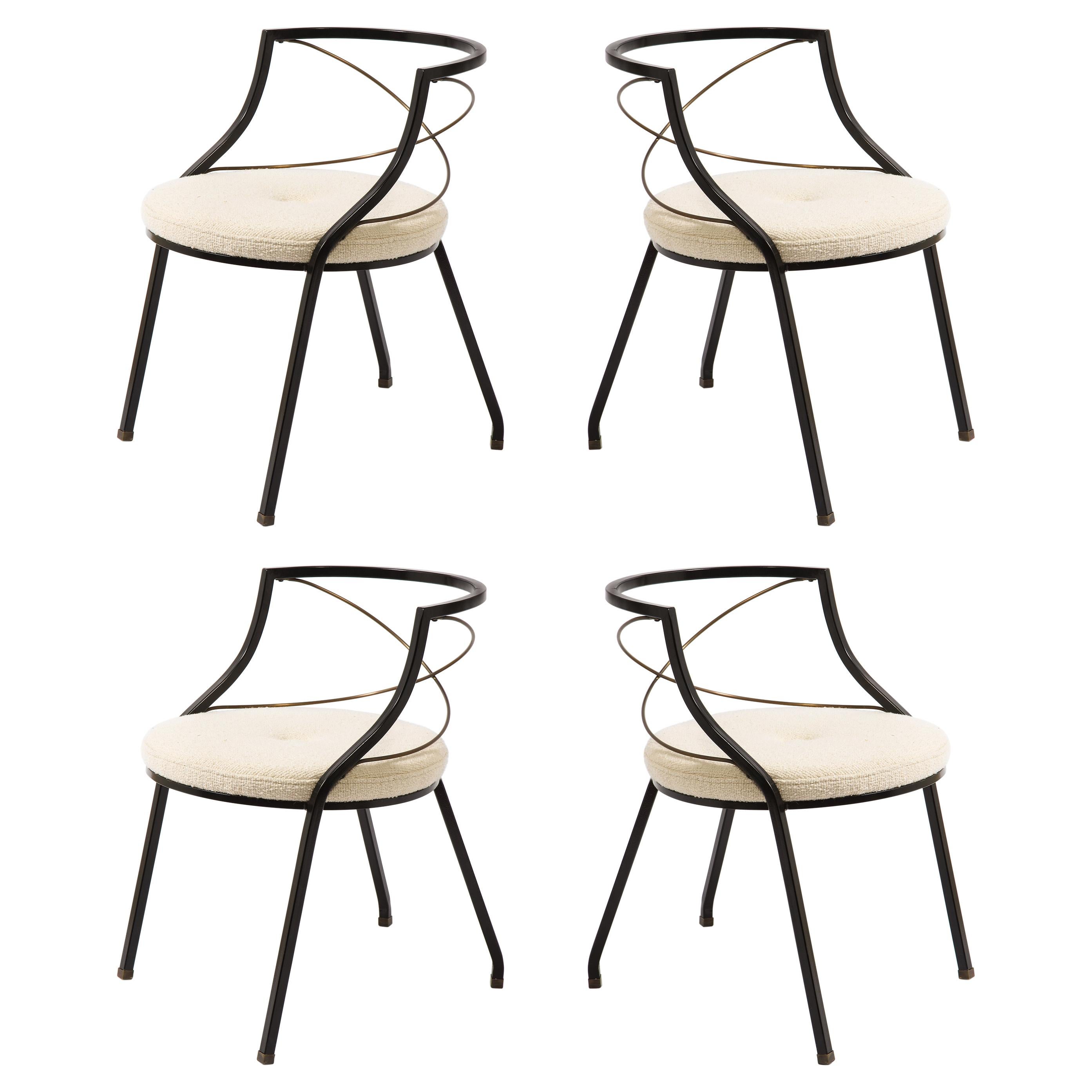 Jansen Set of Four Brass and Iron Armchairs in White Bouclé, France 1950's