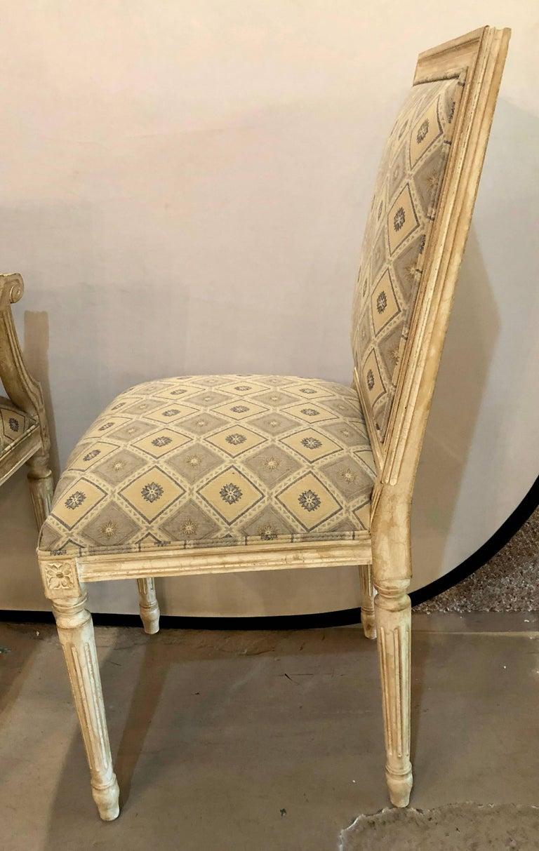 French Set of Four Jansen Louis XVI Style Dining Chairs Parcel-Gilt and Paint Decorated