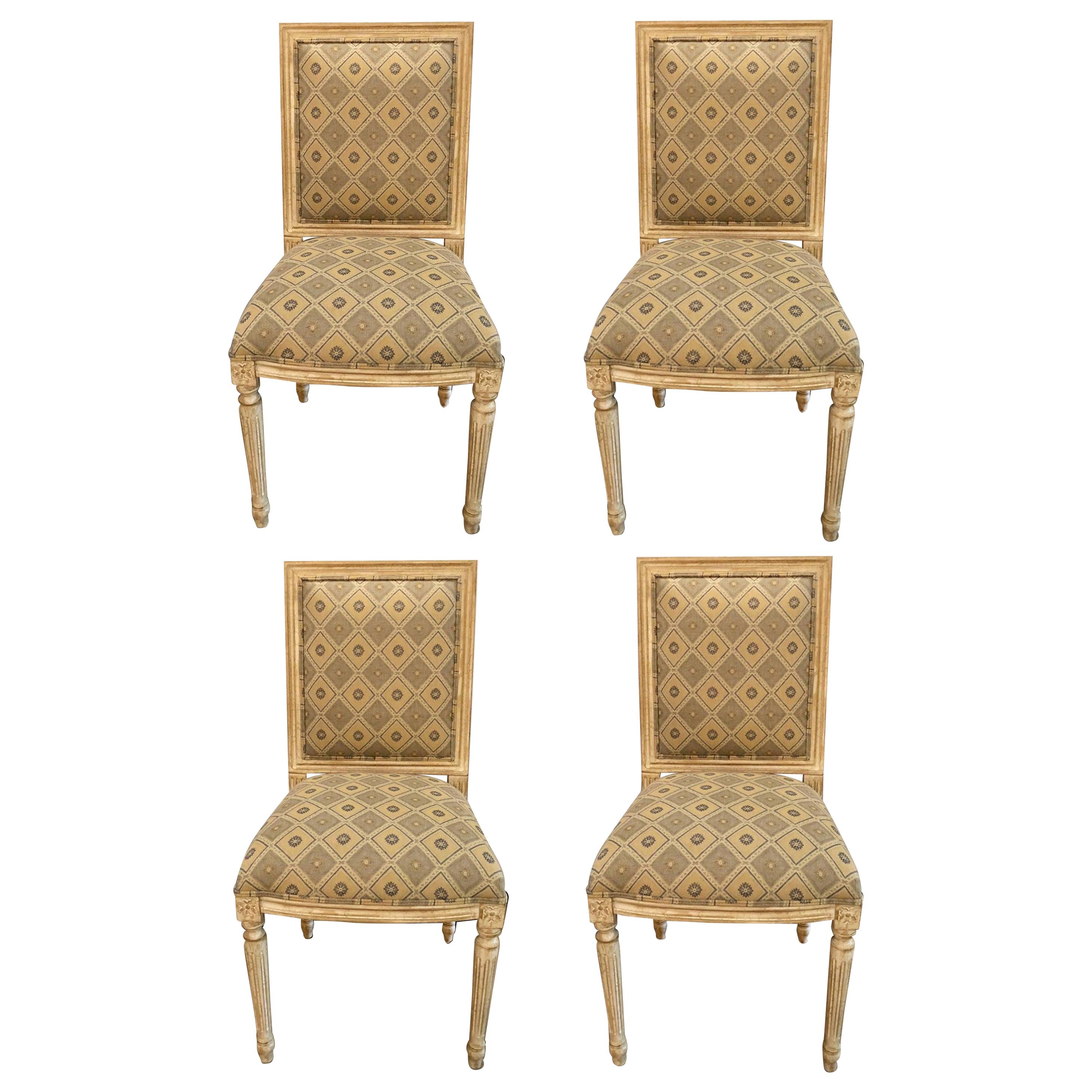 Set of Four Jansen Louis XVI Style Dining Chairs Parcel-Gilt and Paint Decorated