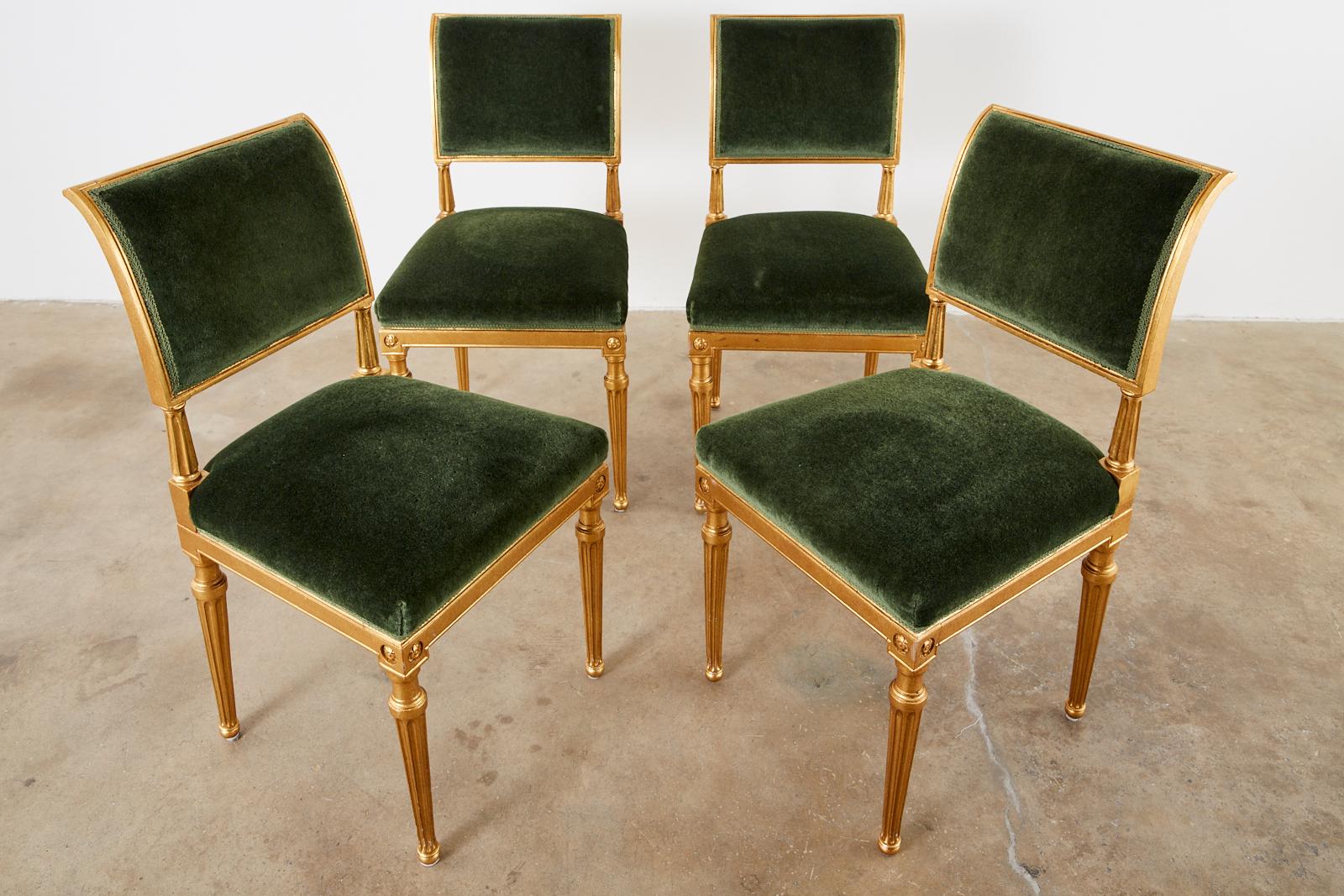 Italian Set of Four Jansen Louis XVI Style Gilt Mohair Dining Chairs