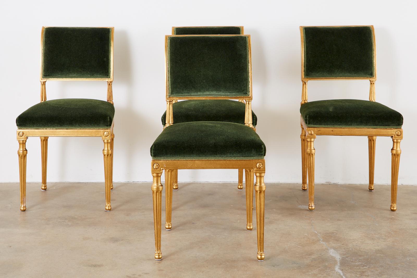 20th Century Set of Four Jansen Louis XVI Style Gilt Mohair Dining Chairs