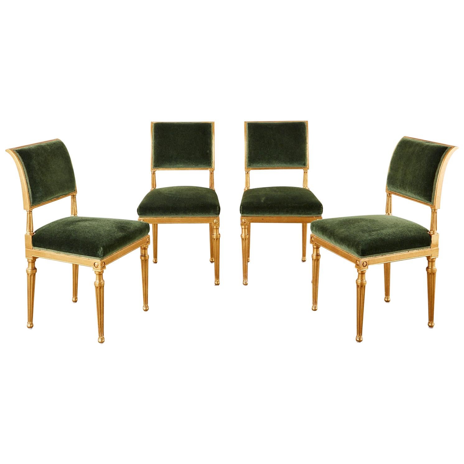 Set of Four Jansen Louis XVI Style Gilt Mohair Dining Chairs