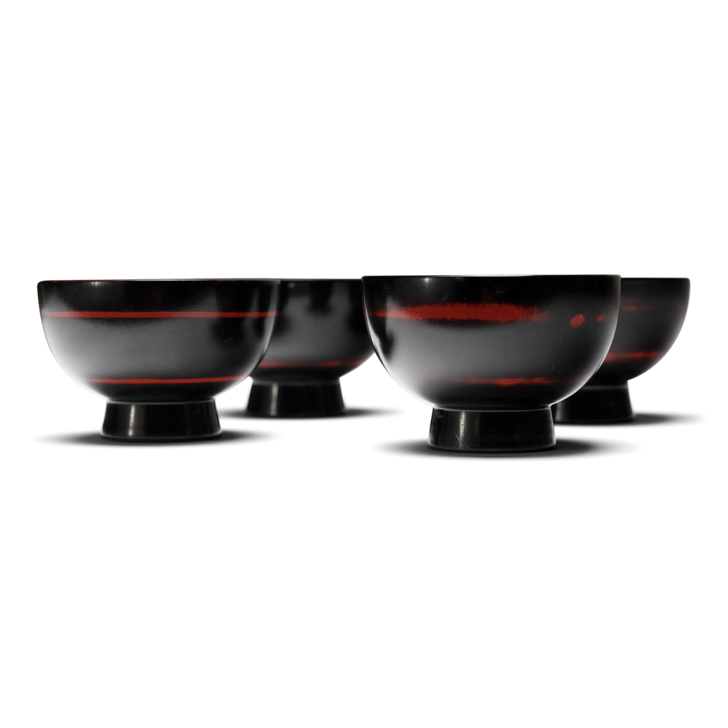 Other Set of Four Japanese Black Lacquer Bowls with Red Spiral