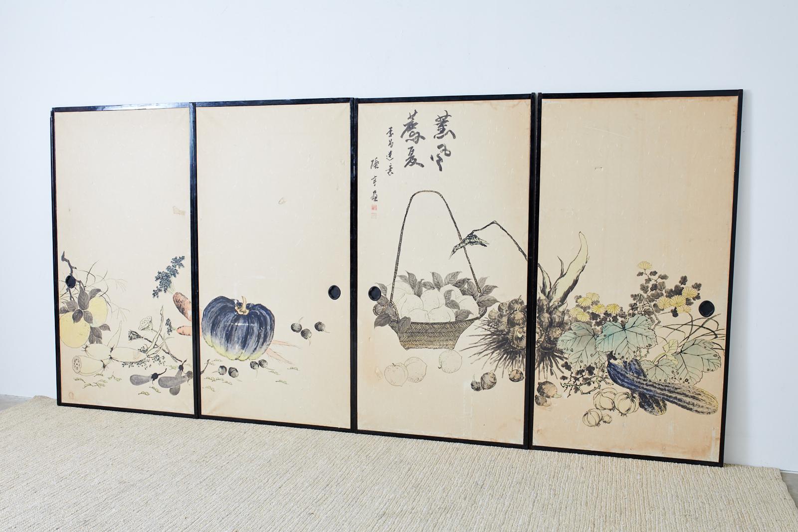 Rare set of four Japanese Showa period door panels known as Fusuma in Japanese architecture. Similar to a Shoji room divider but made of an opaque material. Constructed from handcrafted mulberry paper and framed with ebonized wood. The panels are
