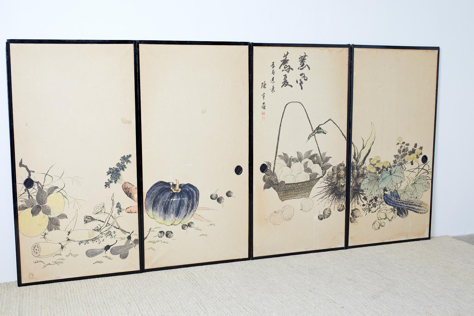 Showa Ensemble de quatre panneaux de porte japonais peints Fusuma en vente