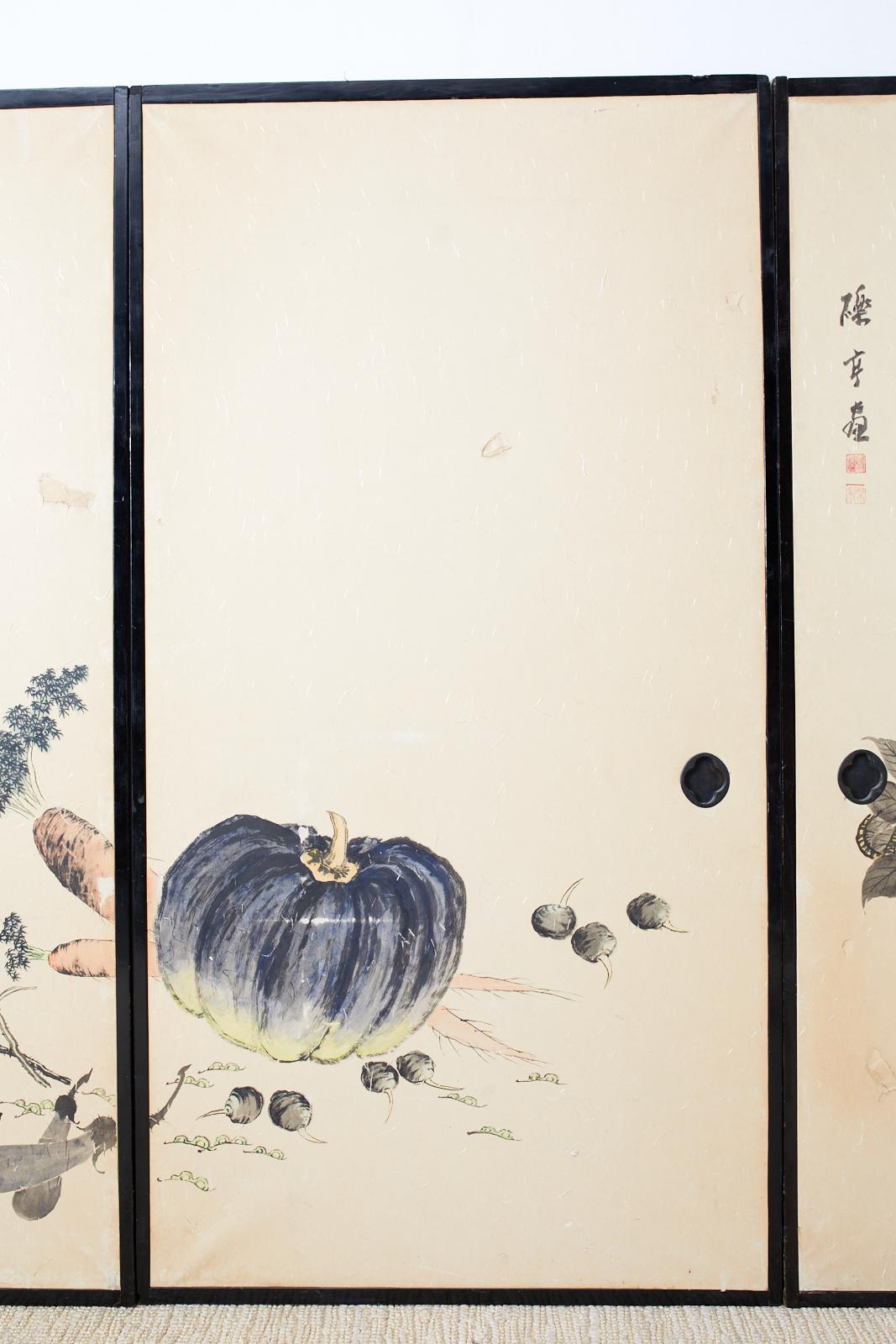 Ébénisé Ensemble de quatre panneaux de porte japonais peints Fusuma en vente
