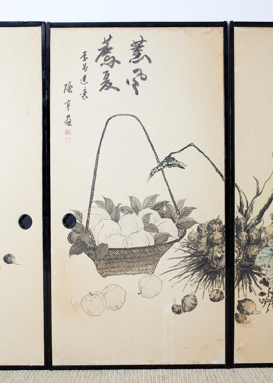 Showa Set of Four Japanese Fusuma Painted Door Panels For Sale