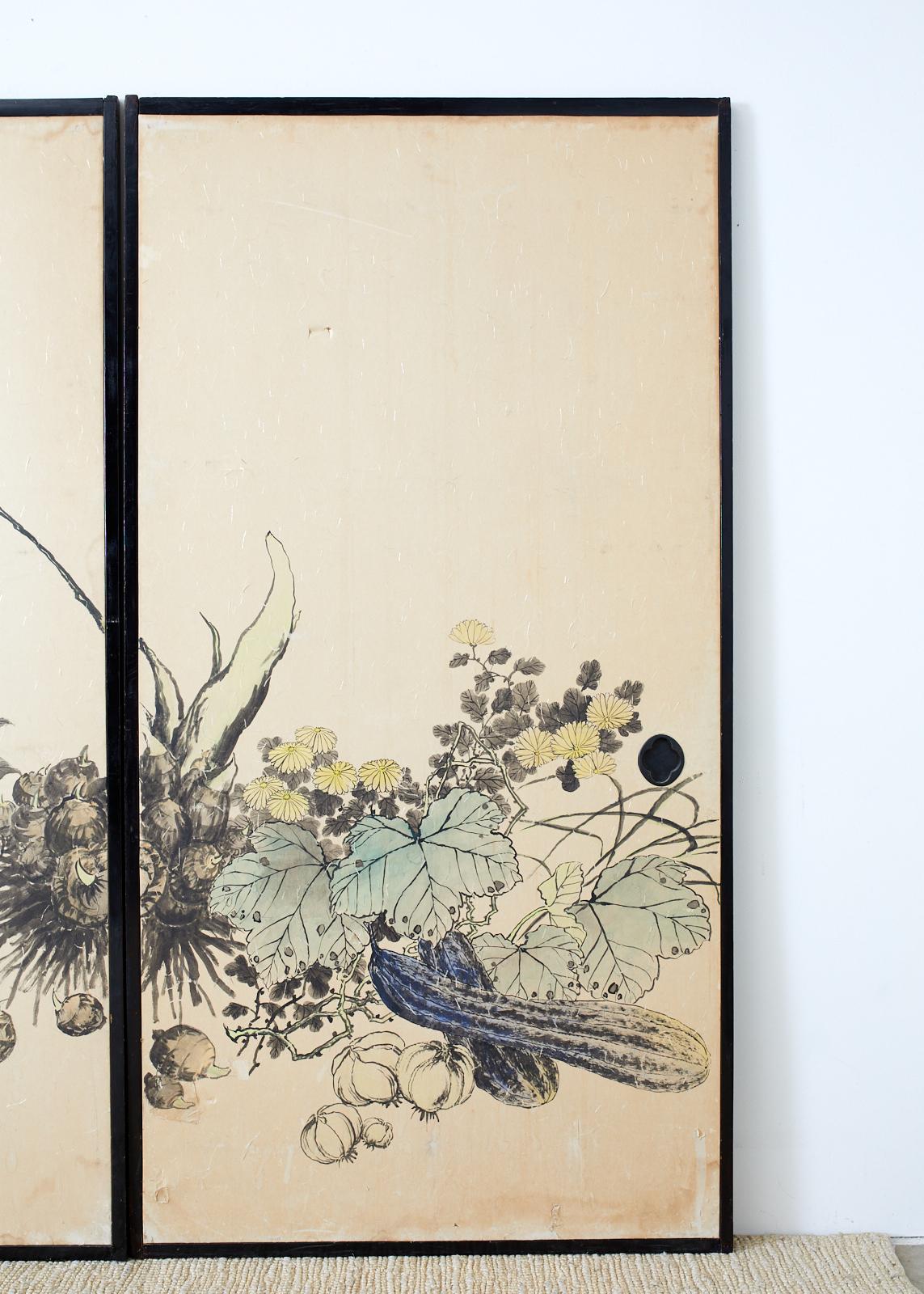 Ebonized Set of Four Japanese Fusuma Painted Door Panels For Sale