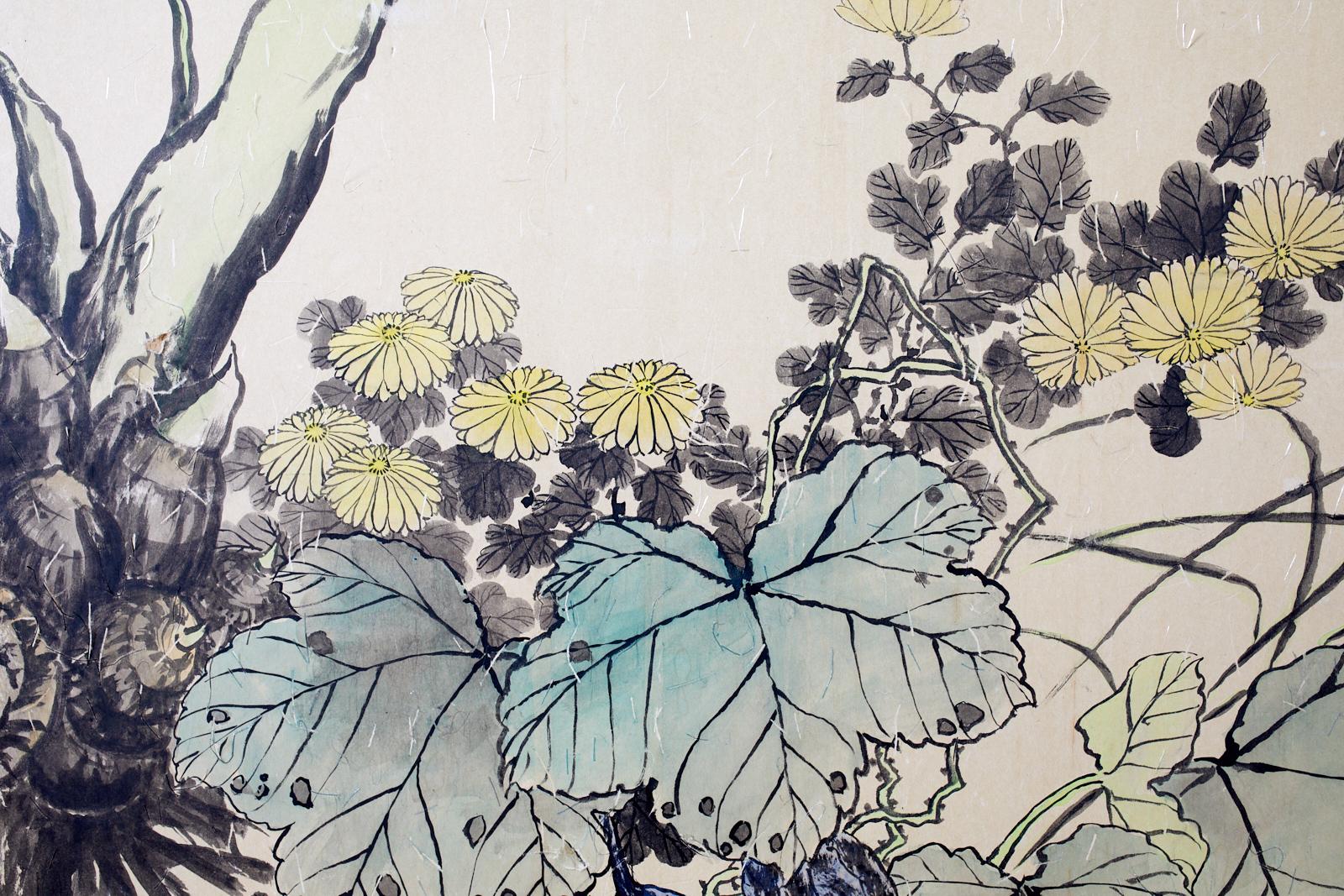 Laiton Ensemble de quatre panneaux de porte japonais peints Fusuma en vente