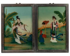 Satz von vier japanischen Hinterglasmalereien