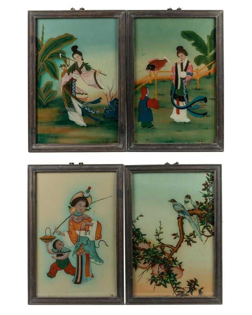 Peint à la main Ensemble de quatre peintures japonaises à l'envers en vente