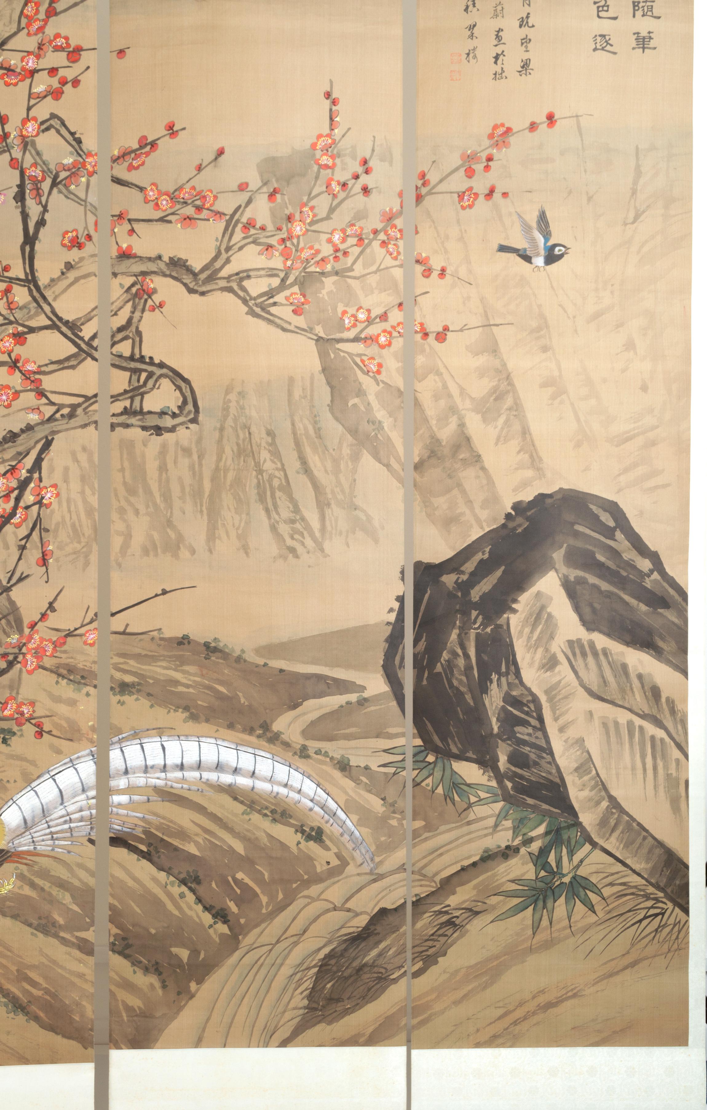 Set of Four Japanese Silk Hanging Scrolls Screens C.1920 For Sale 2