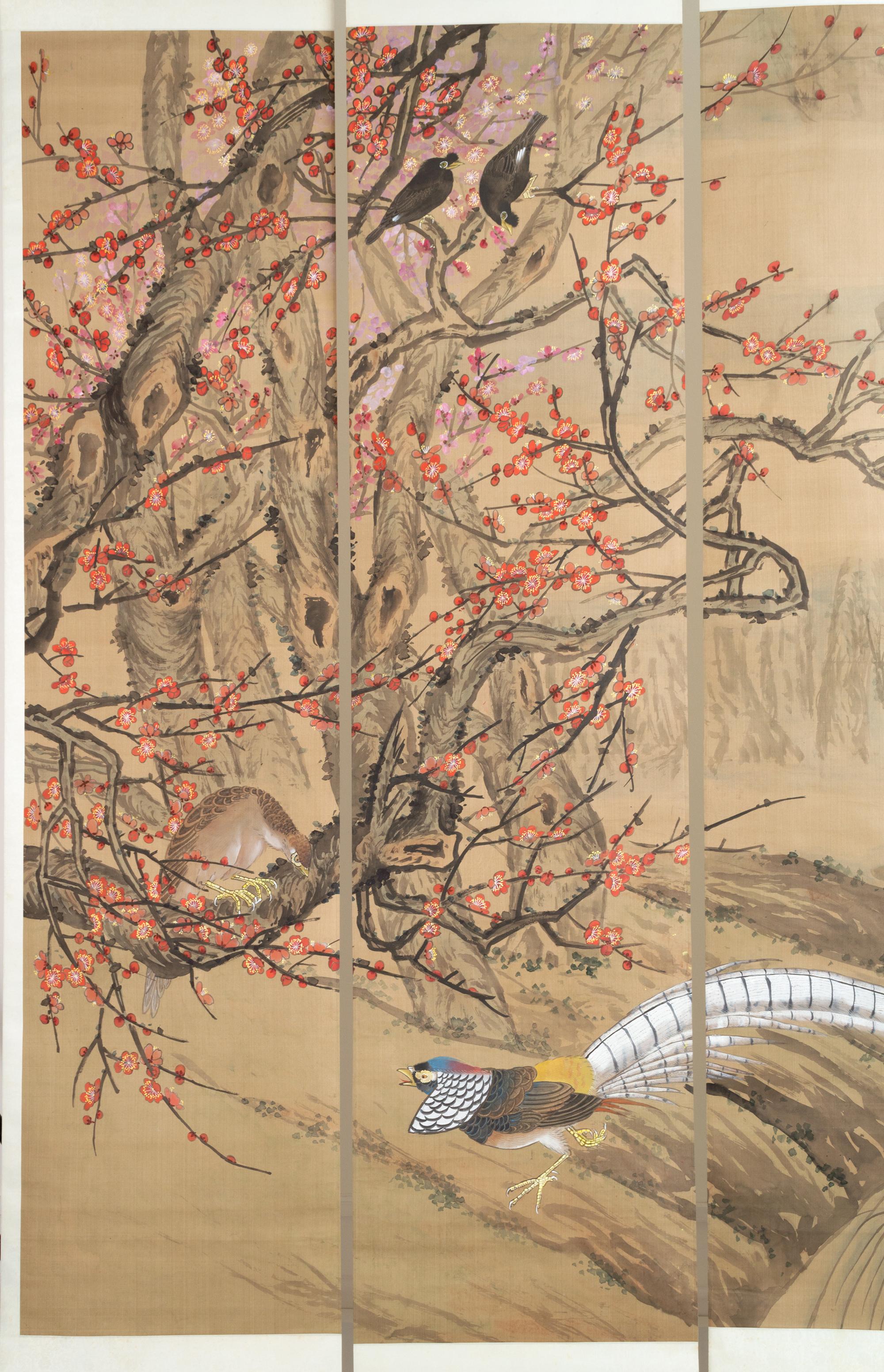 Set of Four Japanese Silk Hanging Scrolls Screens C.1920 For Sale 3