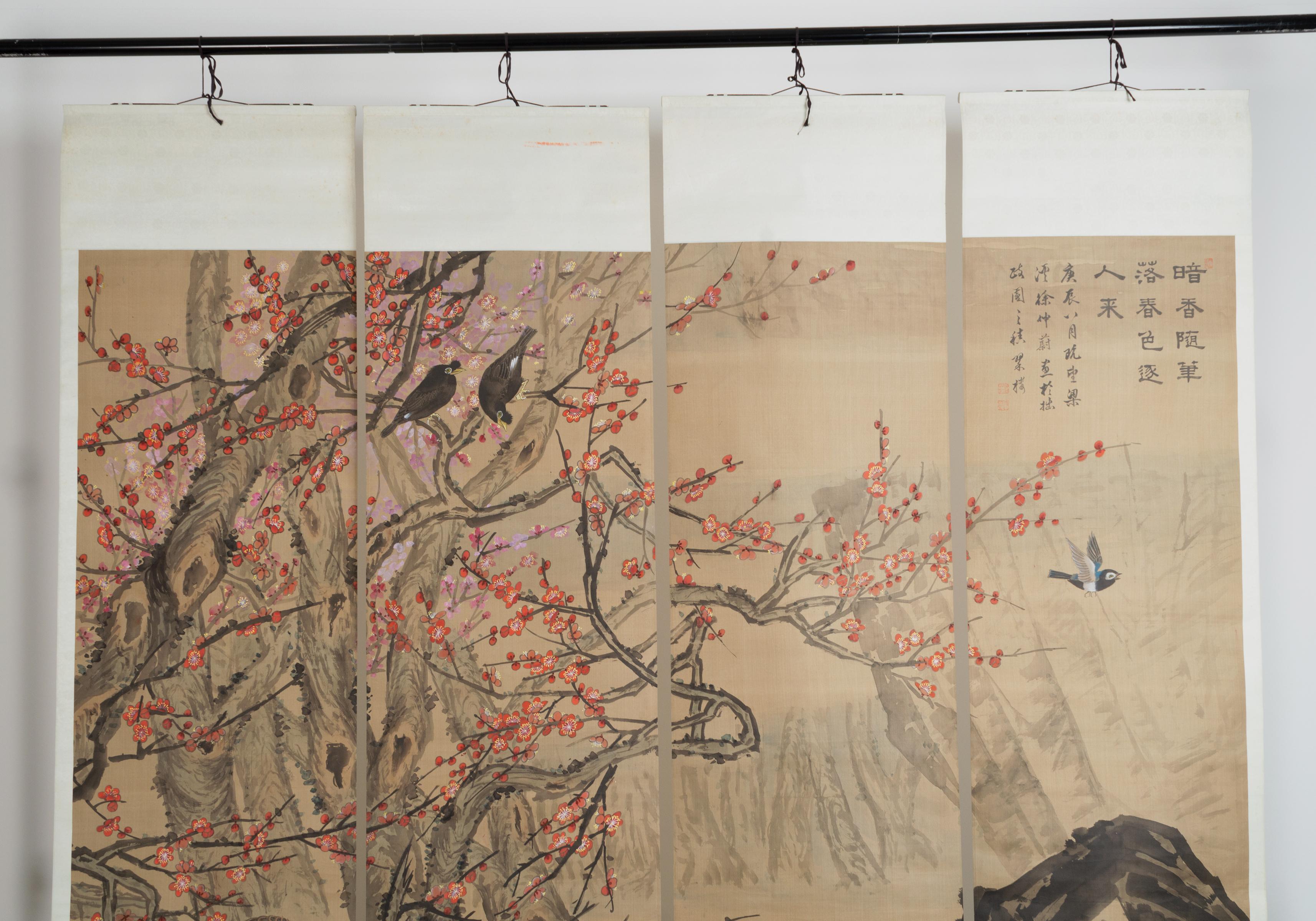 Set of Four Japanese Silk Hanging Scrolls Screens C.1920 For Sale 4