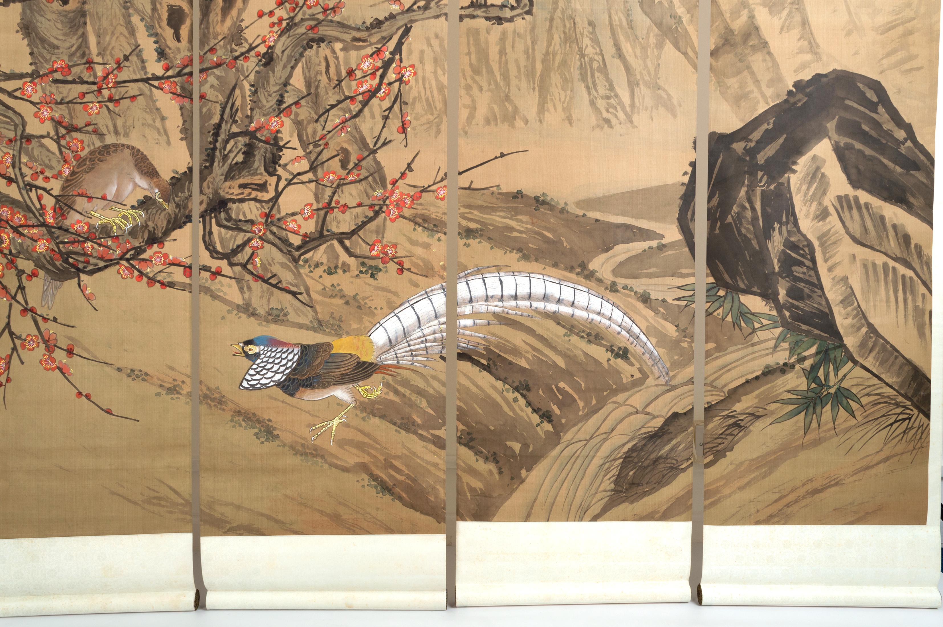 Set of Four Japanese Silk Hanging Scrolls Screens C.1920 For Sale 6