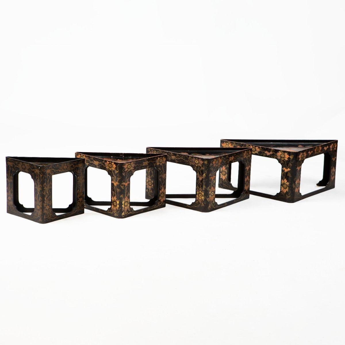 Lacquered Set of Four Japanese Triangular Nesting Corner Tables, Meiji Period For Sale