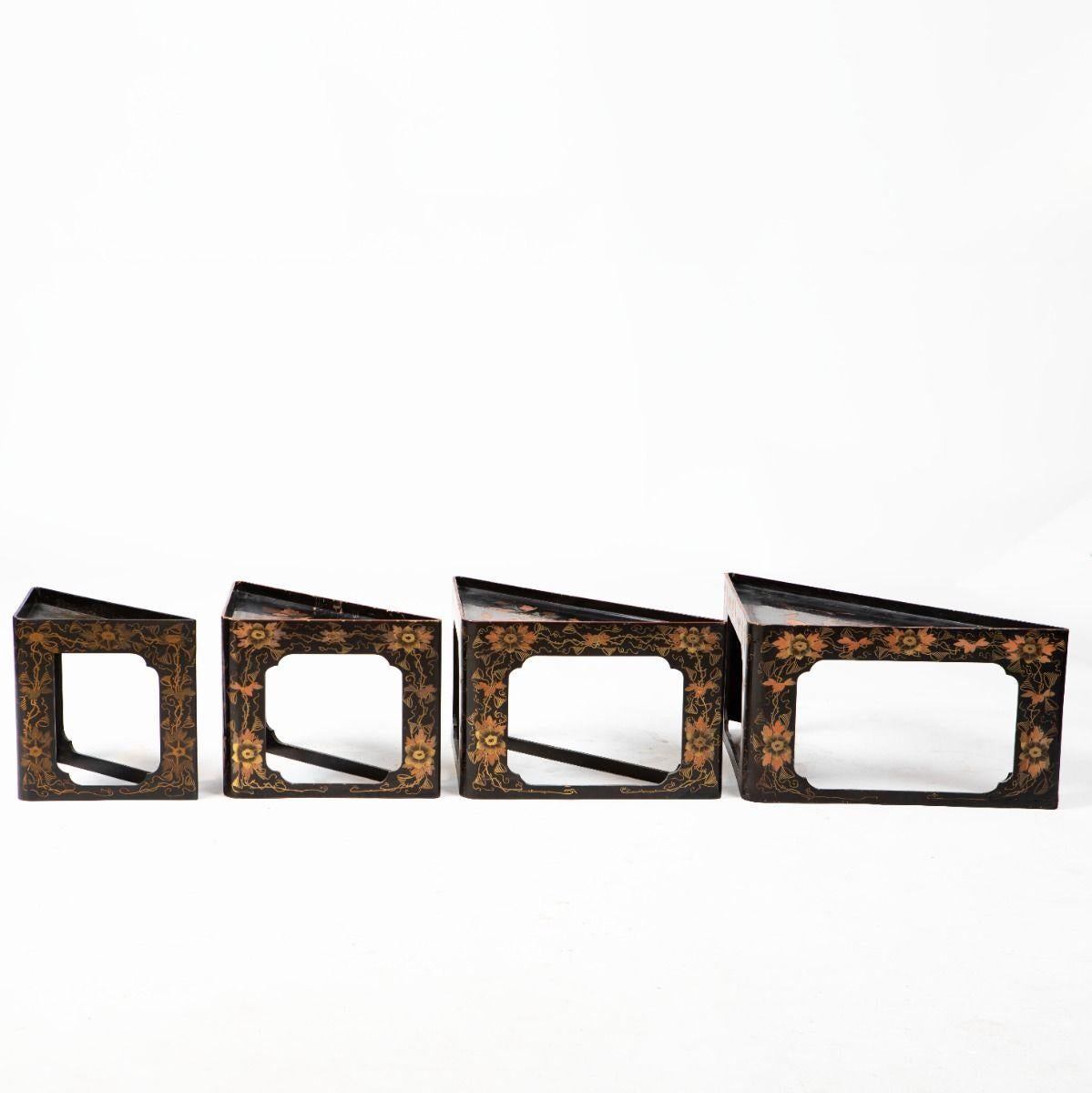 Wood Set of Four Japanese Triangular Nesting Corner Tables, Meiji Period For Sale