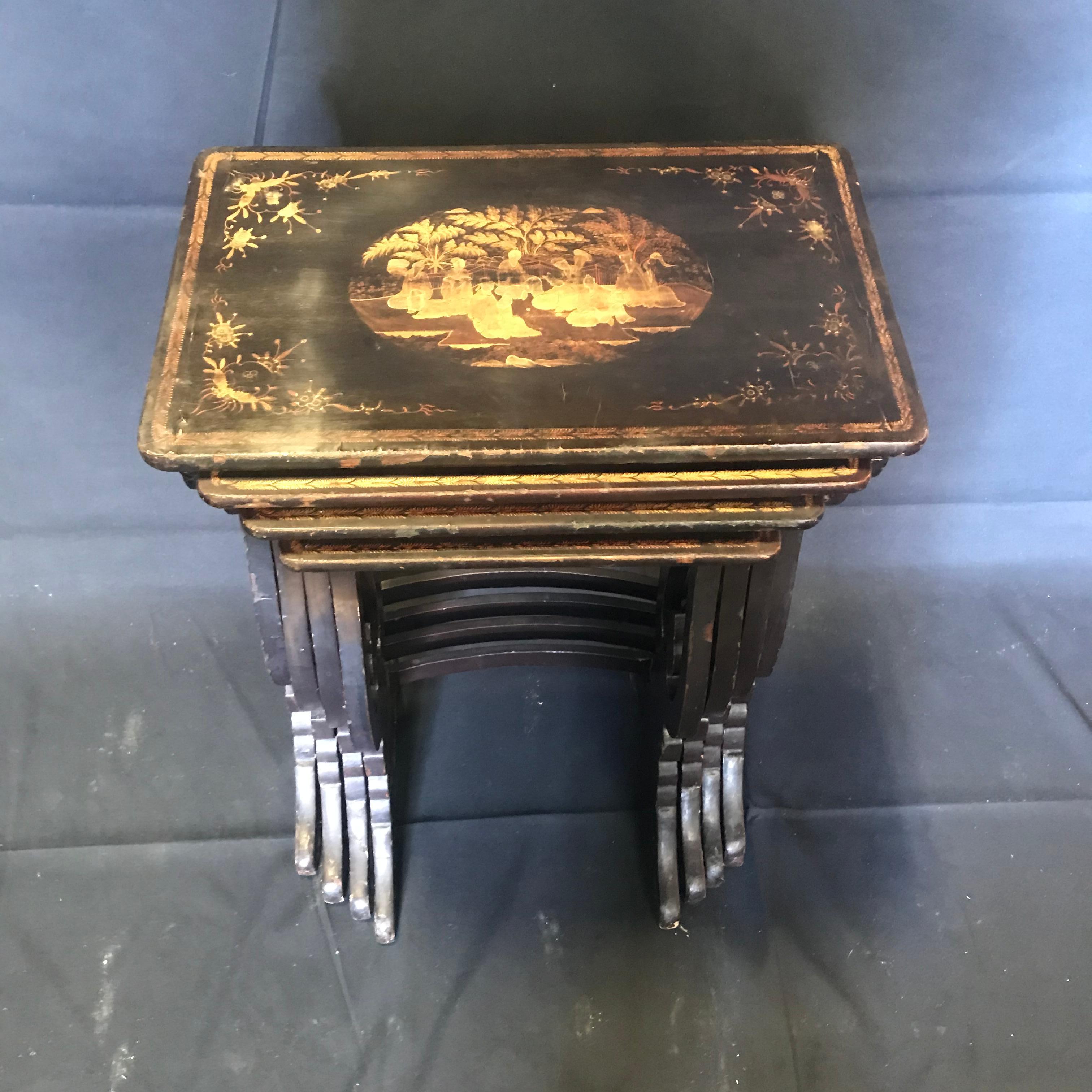 Set of Four Japanned French Chinoiserie Style Hand Painted Nesting Tables For Sale 10