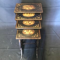 Set of Four Japanned French Chinoiserie Style Hand Painted Nesting Tables