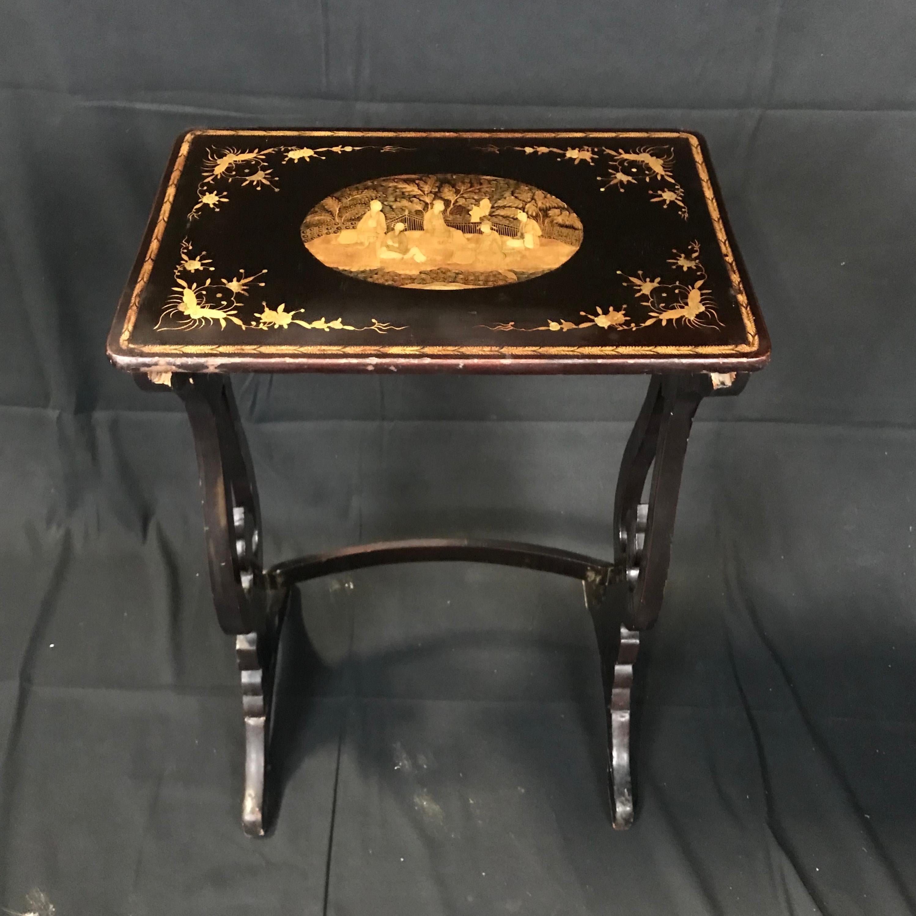 Wood Set of Four Japanned French Chinoiserie Style Hand Painted Nesting Tables For Sale