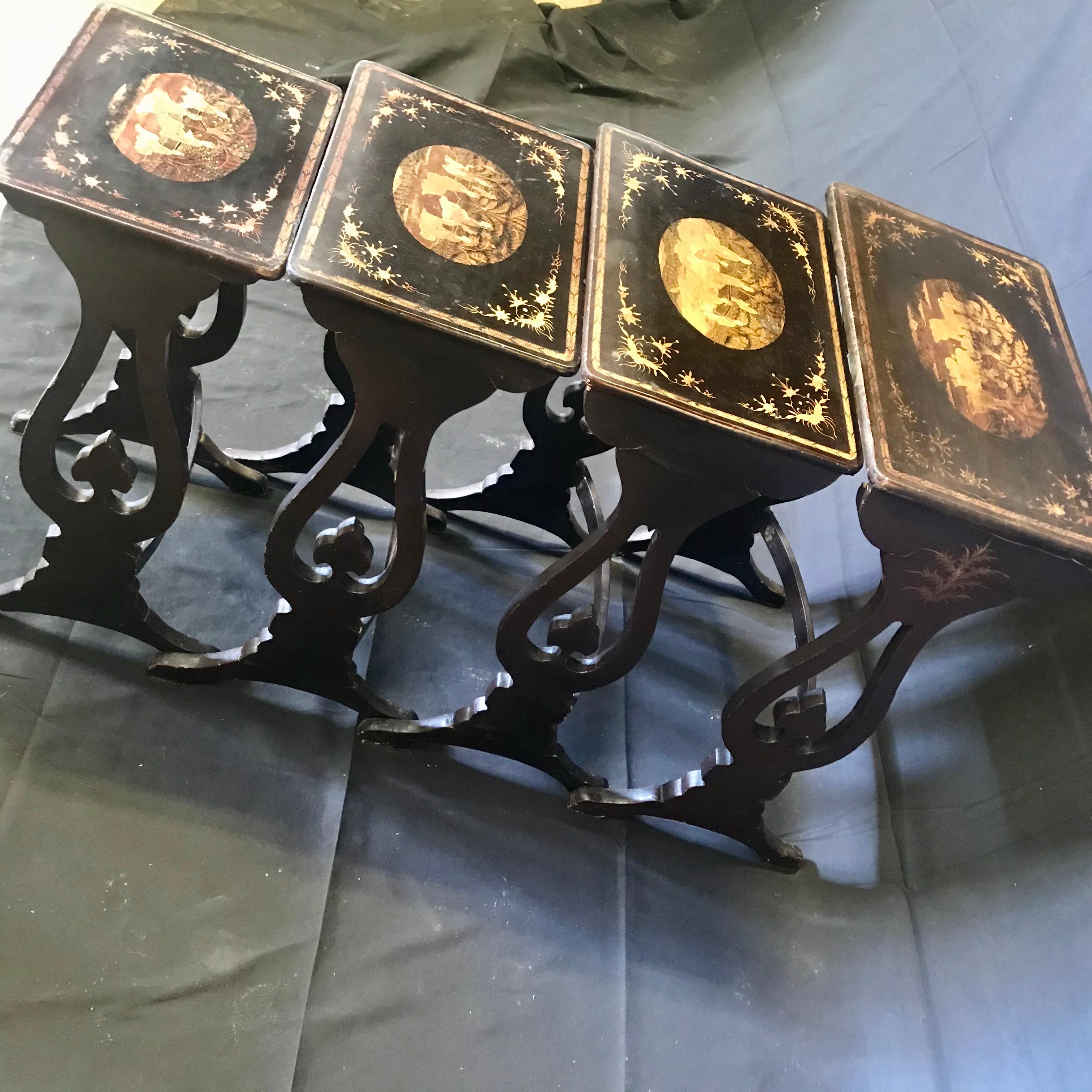 Set of Four Japanned French Chinoiserie Style Hand Painted Nesting Tables For Sale 1