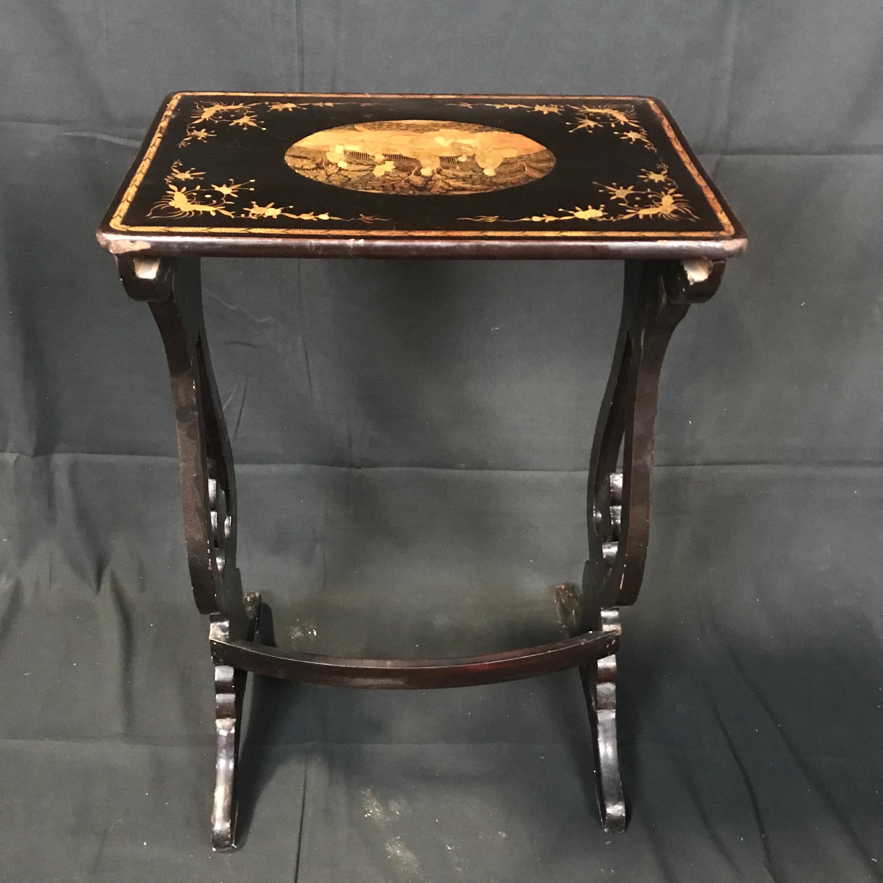 Set of Four Japanned French Chinoiserie Style Hand Painted Nesting Tables For Sale 3