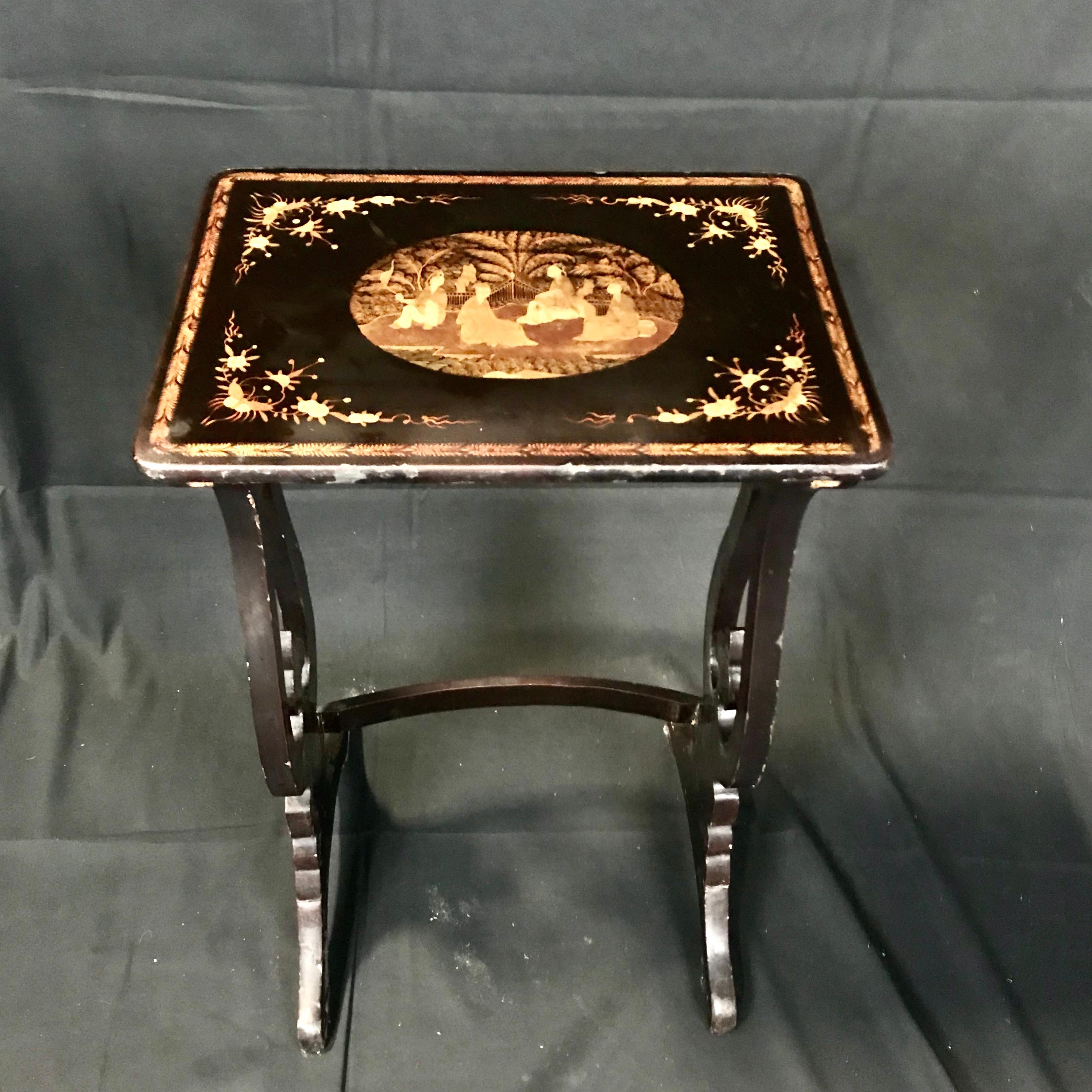 Set of Four Japanned French Chinoiserie Style Hand Painted Nesting Tables For Sale 4