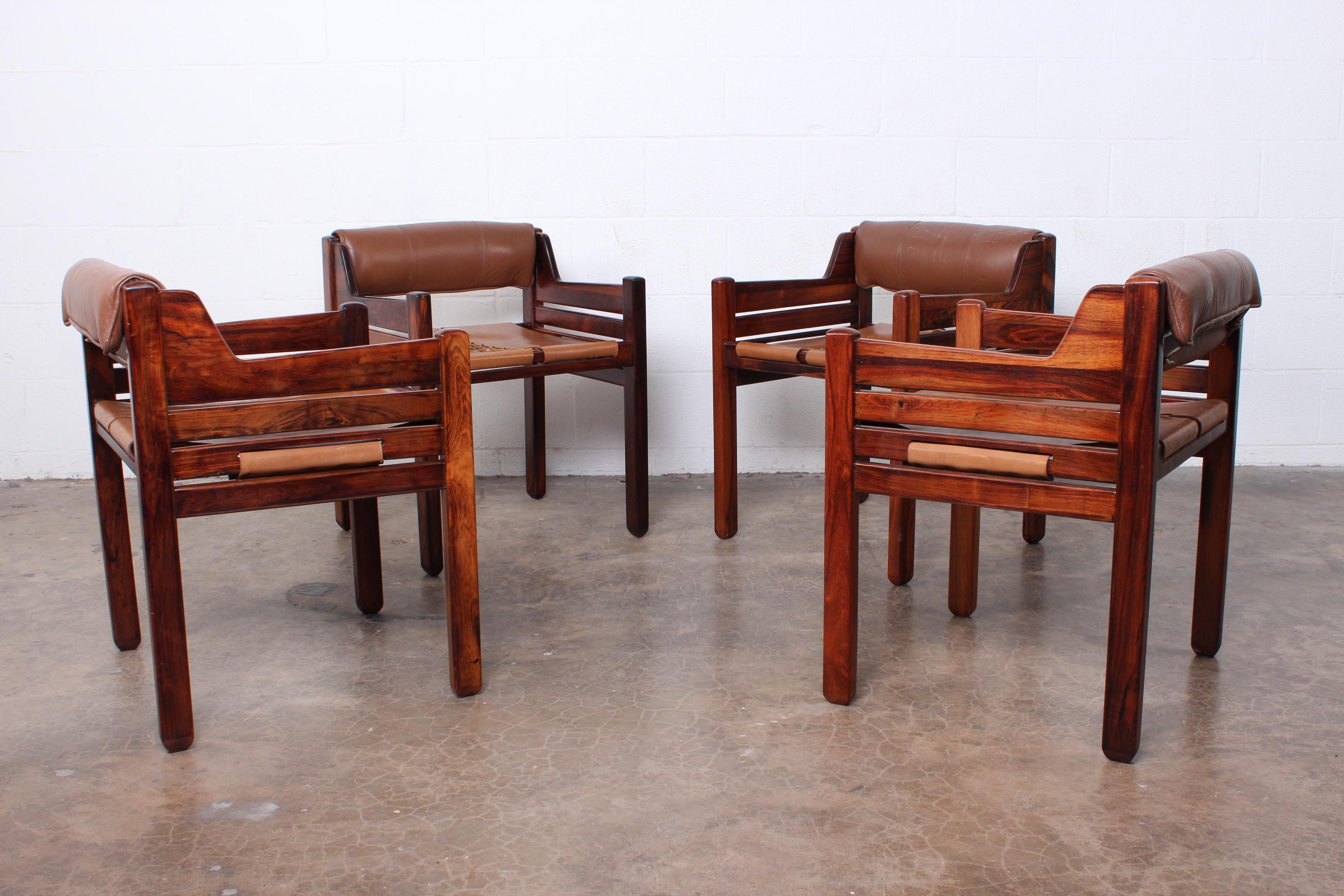 Set of Four Jean Gillon Rosewood and Leather Armchairs 1