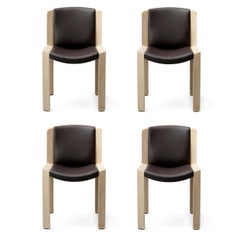 Set of Four Joe Colombo 'Chair 300' Wood and Sørensen Leather by Karakter