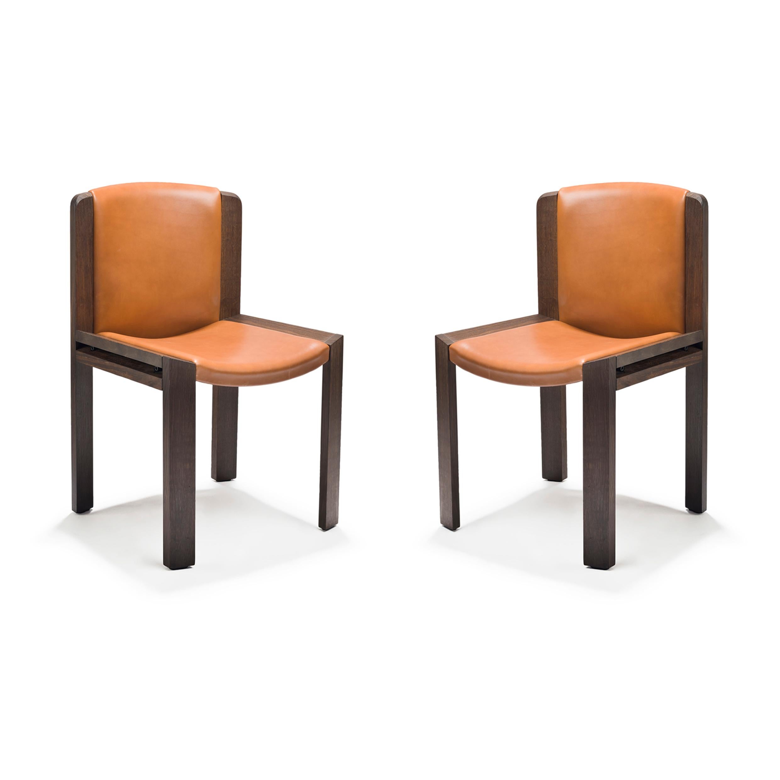 Mid-Century Modern Set of Four Joe Colombo 'Chair 300' Wood and Sørensen Leather by Karakter For Sale